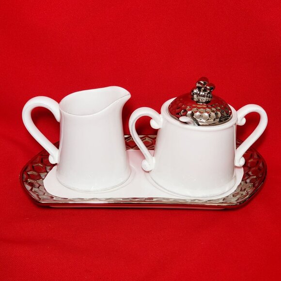 Honeycomb Bee Hive Creamer Pitcher Sugar Serving Spoon Set with Tray White Porce - Picture 4 of 12